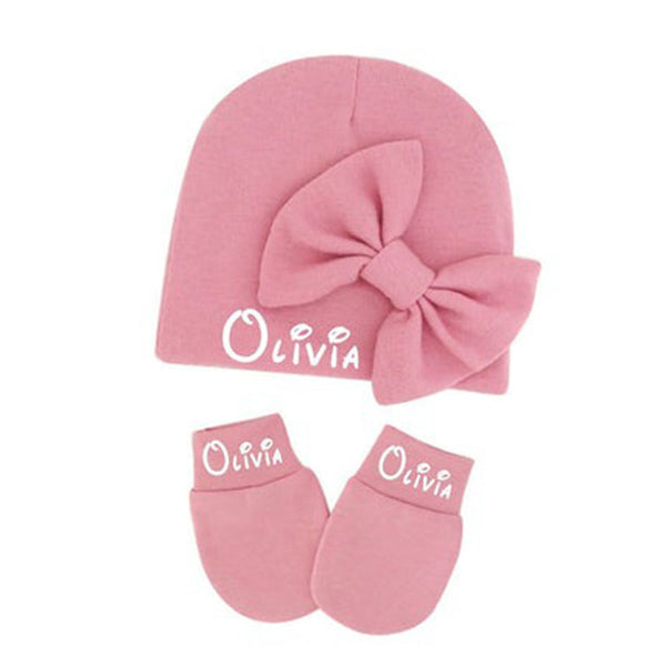 Personalized Baby Hat &amp; Mittens Glove with Bow, Custom Name Newborn Baby Gift