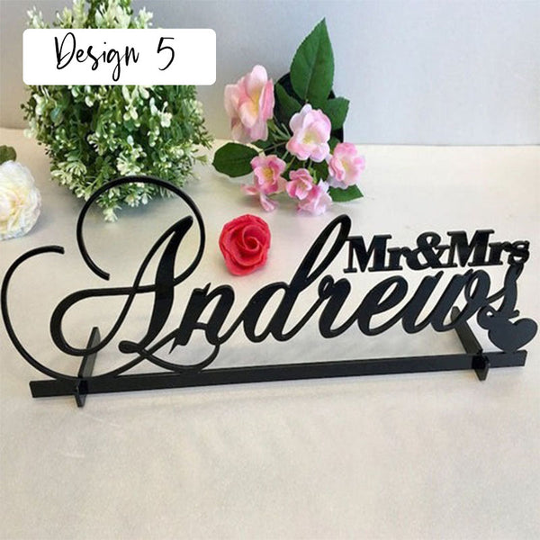 Tabletop Sign Personalized Custom Name Calligraphy Hashtag Laser Cut Mr and Mrs Wedding Table Sign