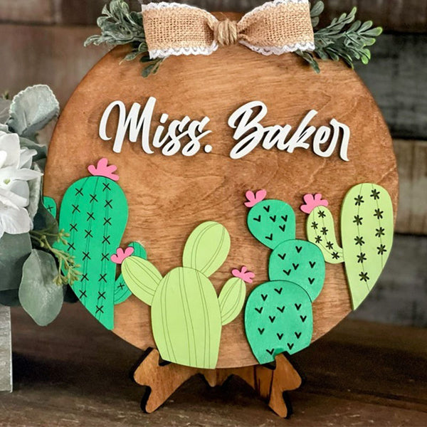 Cactus Teacher Sign, Wooden Sign with Easel, Personalized Sign for Desk