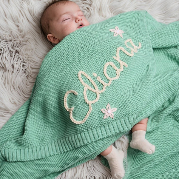 Personalized Baby Name Blanket, Hand-Embroidered Knit Baby Blanket