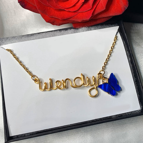 Gold Name Necklace, Lockdown Birthday Gift, Personalised Necklace, Butterfly Name Necklace, Personalised Name Necklace, Wire name necklace