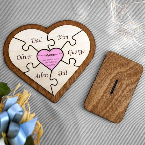 Personalized Heart Puzzle Piece Sign,Custom Family Wooden Heart Puzzle,Engraved Name Puzzle