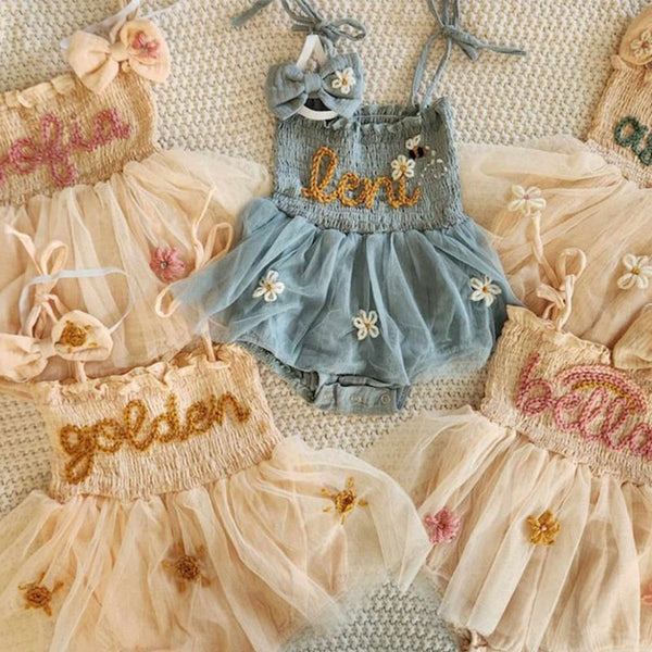 Custom Name Tutu, Hand Embroidered Baby Romper, Personalized Birthday Outfit