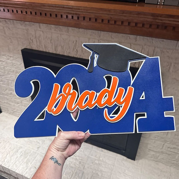 Deluxe Grad Sign, Personalized Name, 2024 or 2025 Graduation Cap Wood Sign