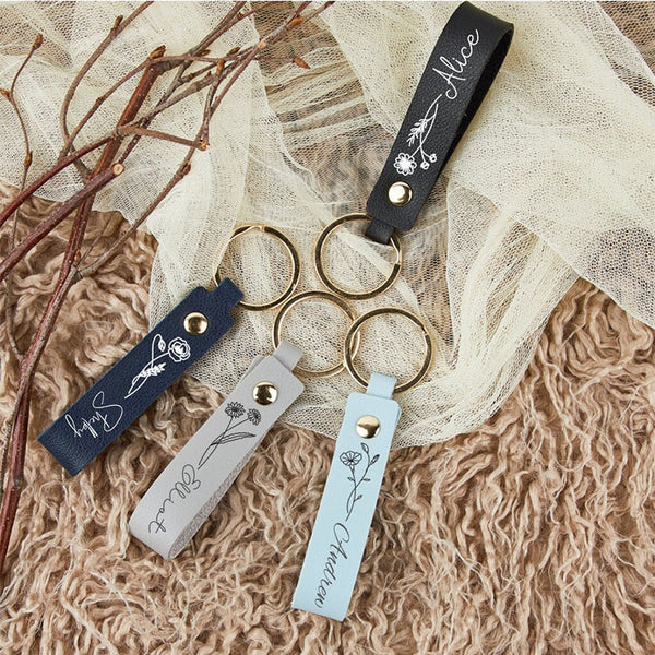 Personalized name keychain with birthday flower, customized keychain, bridesmaid gift, personalized gift, birthday gift, engraving technology