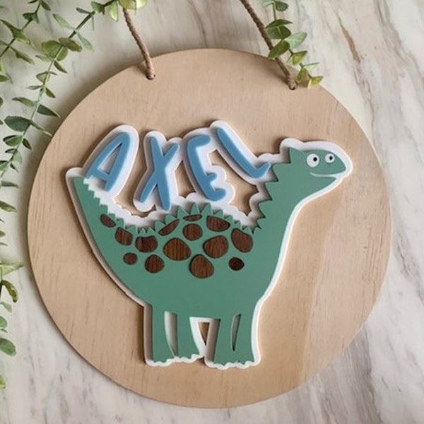 Personalised Round Wooden Dinosaur Name Plaque