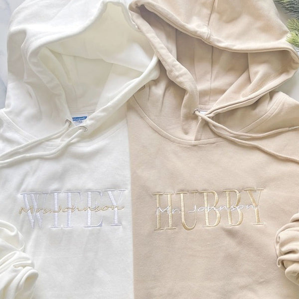 Personalized Embroidered Wifey Hubby Hoodie, Sweatshirt, Tees, Custom last name Bridal Crewneck