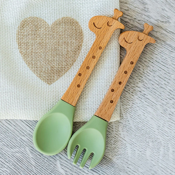 Personalized Spoon and Fork Set | Sweet Baby Giraffe | Laser Engraved | Baby Safe Silicone Weaning & Training Utensils | Baby Keepsake Gift