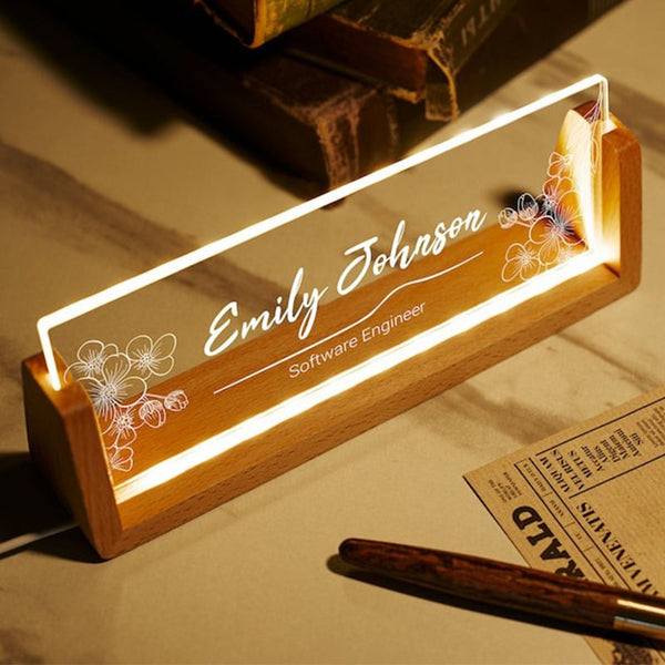 Personalized Desk Name Plate with Wooden Base, Lighted Acrylic Nameplate