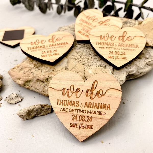 Save The Date Magnet + Cards, Rustic Wedding Wood Heart with Unique Funny Message Option