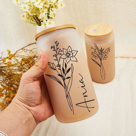 Custom Name Cup With Birth Flower,Birth Month Iced Coffee Cup