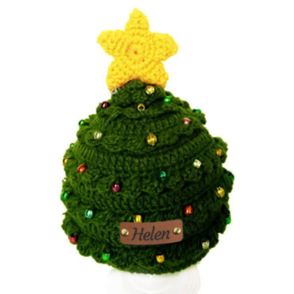 Personalized Leather Patch Christmas Tree Crochet Hat