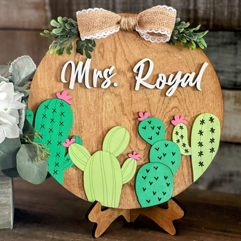 Cactus Teacher Sign, Wooden Sign with Easel, Personalized Sign for Desk