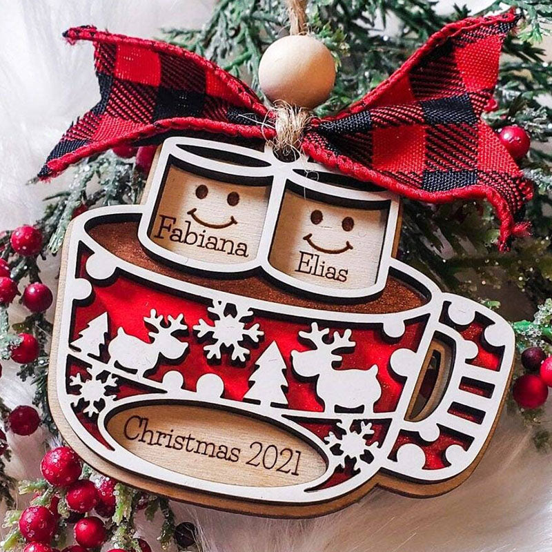 Personalized Tree Ornament, Family Names or 1st Married Christmas. Marshmallows in mug of Cocoa