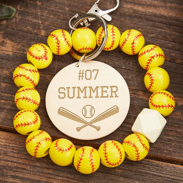 Baseball Wristband Keychain, Personalized Baseball/Softball Keychain, Wooden Bead Keychain