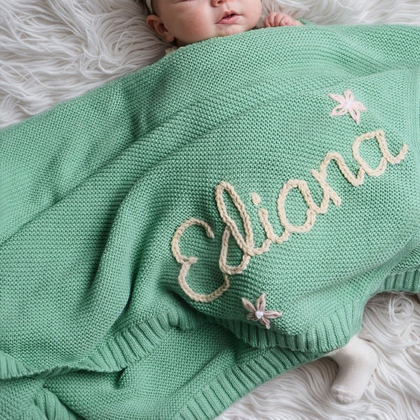 Personalized Baby Name Blanket, Hand-Embroidered Knit Baby Blanket