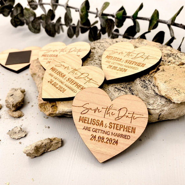 Save The Date Magnet + Cards, Rustic Wedding Wood Heart with Unique Funny Message Option