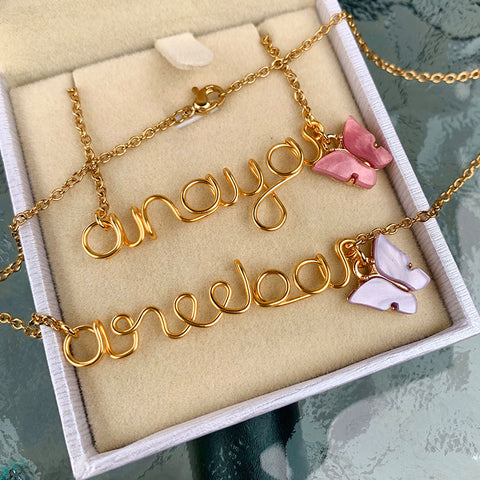 Gold Name Necklace, Lockdown Birthday Gift, Personalised Necklace, Butterfly Name Necklace, Personalised Name Necklace, Wire name necklace