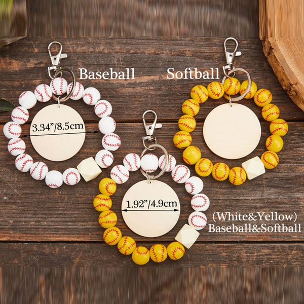 Baseball Wristband Keychain, Personalized Baseball/Softball Keychain, Wooden Bead Keychain