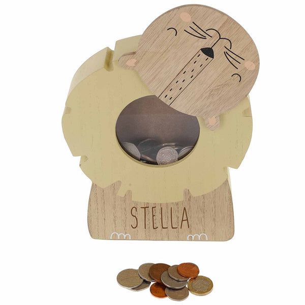 Personalised Engraved Lion Money Box Bank - Kids Savings Pocket Money Piggy Bank - Wooden Animal Money Box Gift for Babies and Children