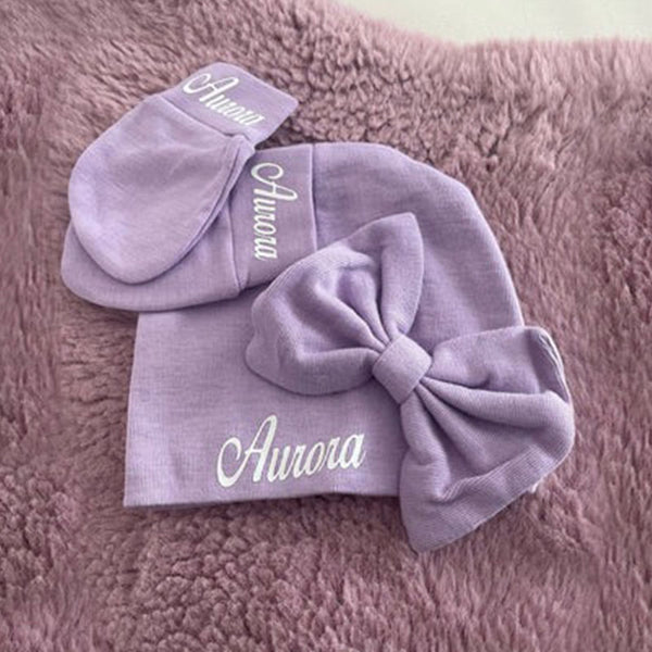 Personalized Baby Hat &amp; Mittens Glove with Bow, Custom Name Newborn Baby Gift