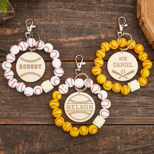 Baseball Wristband Keychain, Personalized Baseball/Softball Keychain, Wooden Bead Keychain