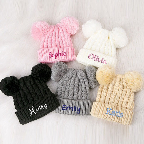 Personalised Infant Winter Hat Custom Embroidered Baby Pom Beanie