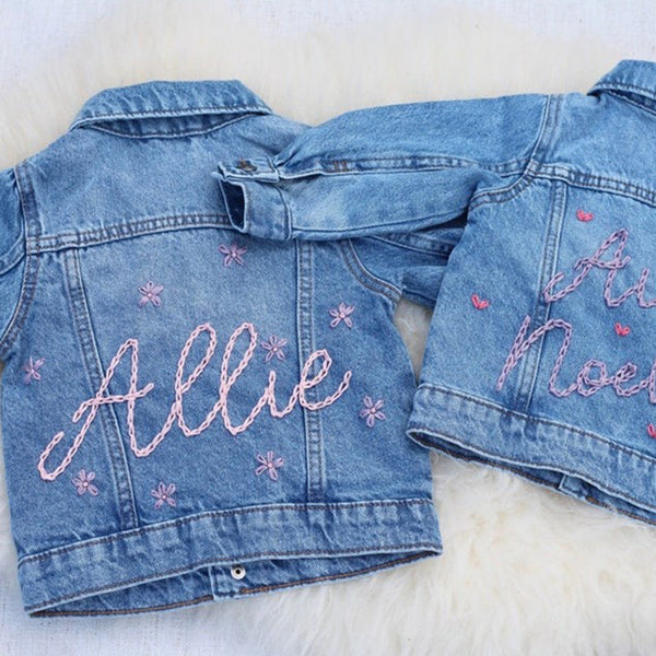 Custom Hand Embroidered ， Hand Lettered Denim Jacket Toddler, Kid Sizes