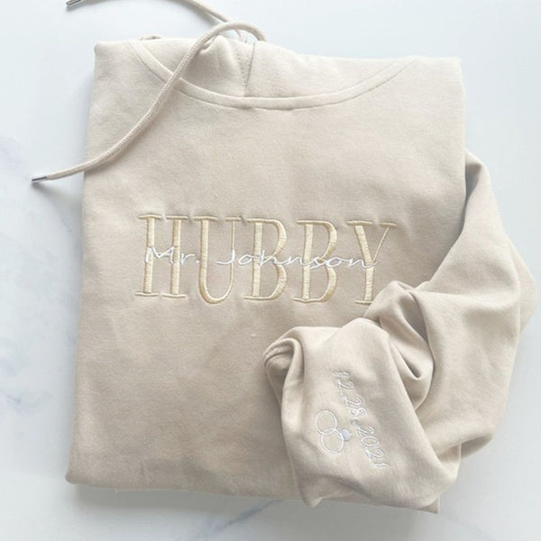 Personalized Embroidered Wifey Hubby Hoodie, Sweatshirt, Tees, Custom last name Bridal Crewneck