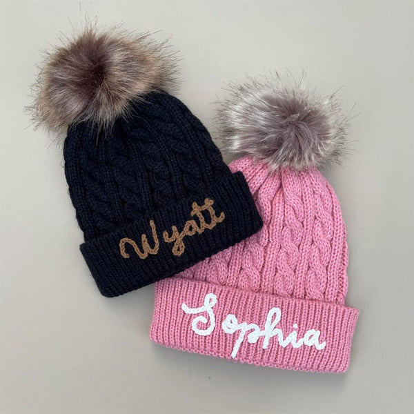 Cute Kids Personalized Name Embroidered Winter Hat with Pom Pom