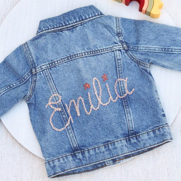 Custom Hand Embroidered ， Hand Lettered Denim Jacket Toddler, Kid Sizes