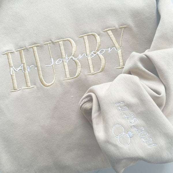 Personalized Embroidered Wifey Hubby Hoodie, Sweatshirt, Tees, Custom last name Bridal Crewneck