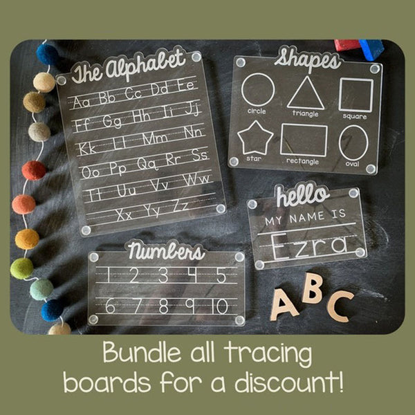 Letter, Number, and Shapes Tracing Board Bundle with Custom Name Sign