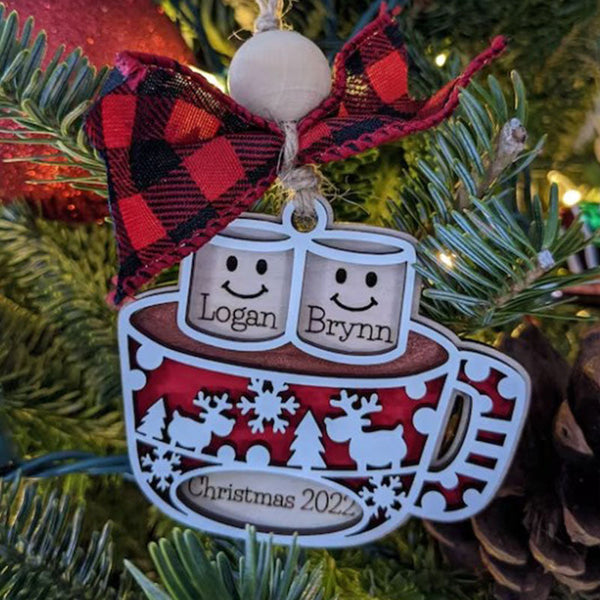 Personalized Tree Ornament, Family Names or 1st Married Christmas. Marshmallows in mug of Cocoa