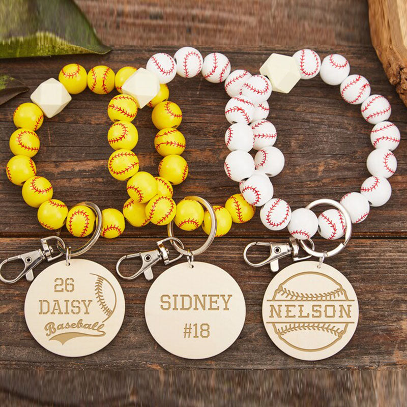 Baseball Wristband Keychain, Personalized Baseball/Softball Keychain, Wooden Bead Keychain