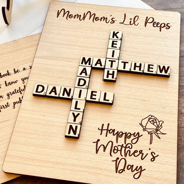 Wooden Mother's Day Card with Name Scrabble Tiles & Stand, Unique Gift for Grandma