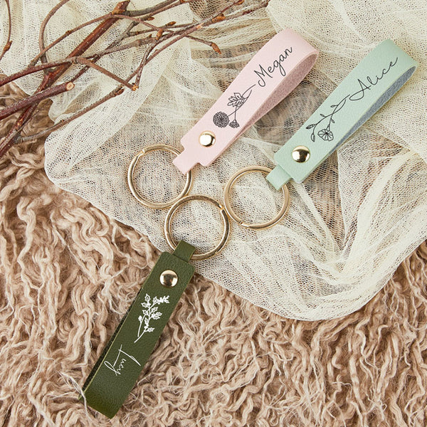 Personalized name keychain with birthday flower, customized keychain, bridesmaid gift, personalized gift, birthday gift, engraving technology