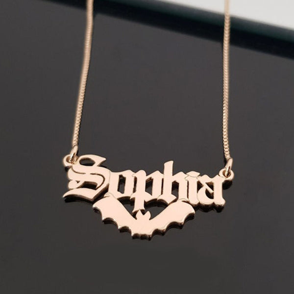 Bat name necklace, personalized old english name necklace with bat, old english alphabet necklace, old english name jewelry, gift for bat lovers