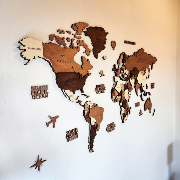 Wooden World Map, Wall Art Decor, 3D Wooden World Map