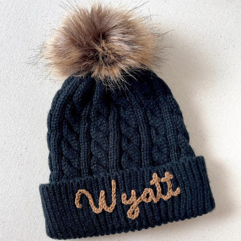 Cute Kids Personalized Name Embroidered Winter Hat with Pom Pom