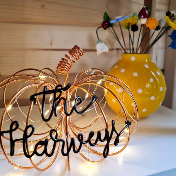 Personalised wire Pumpkin with lights, Halloween Decorations, pumpkin decor, autumn wedding accessories, fall decor, last name sign