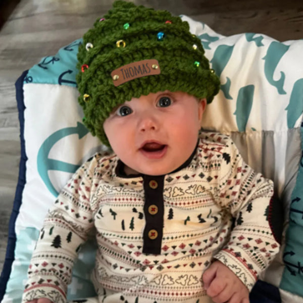 Personalized Leather Patch Christmas Tree Crochet Hat