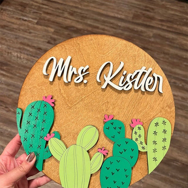 Cactus Teacher Sign, Wooden Sign with Easel, Personalized Sign for Desk