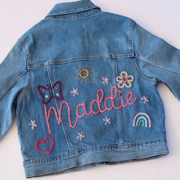 Custom Hand Embroidered ， Hand Lettered Denim Jacket Toddler, Kid Sizes