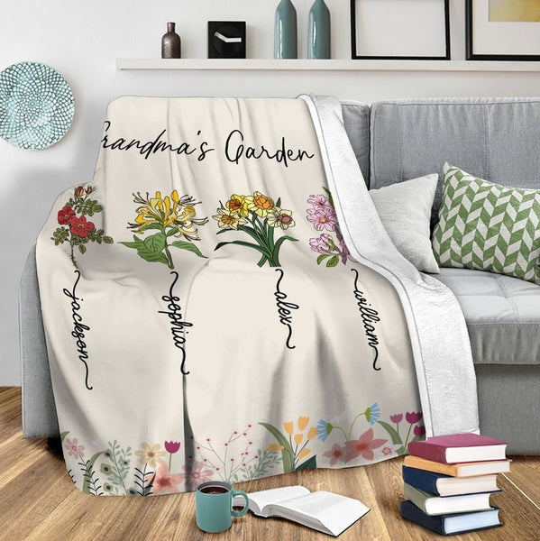 Personalized Grandma's Garden Blanket, Birth Flower Soft Cozy Sherpa Fleece Throw Blankets