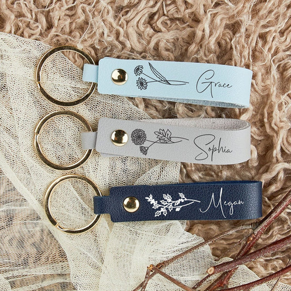 Personalized name keychain with birthday flower, customized keychain, bridesmaid gift, personalized gift, birthday gift, engraving technology