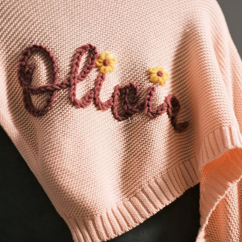 Hand-Embroidered Personalized Knit Baby Blanket-A Custom Name Swaddle Blanket