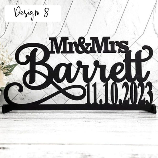 Tabletop Sign Personalized Custom Name Calligraphy Hashtag Laser Cut Mr and Mrs Wedding Table Sign