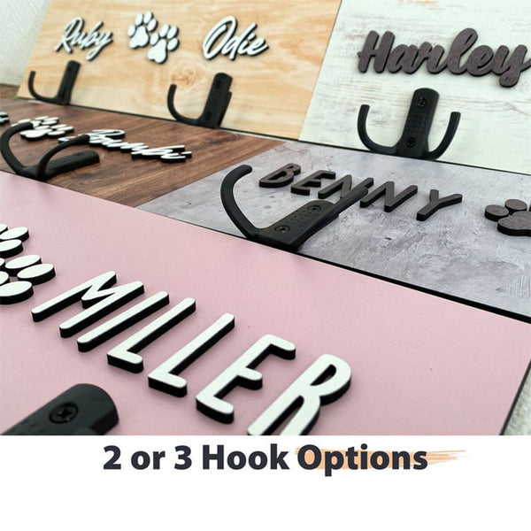 Personalized Dog Wood Leash Holder for 2/ 3 Dogs Raised Paw Name Sign Leash Hook Collar Holder