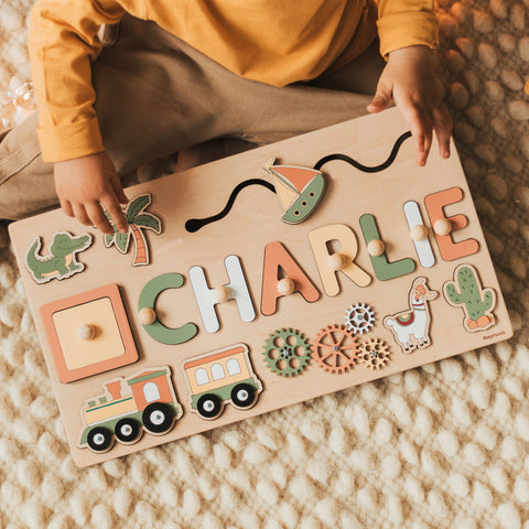 Montessori Busy Board | Personalized Puzzle Sensory Activity Wooden Toys Baby Boy Gift